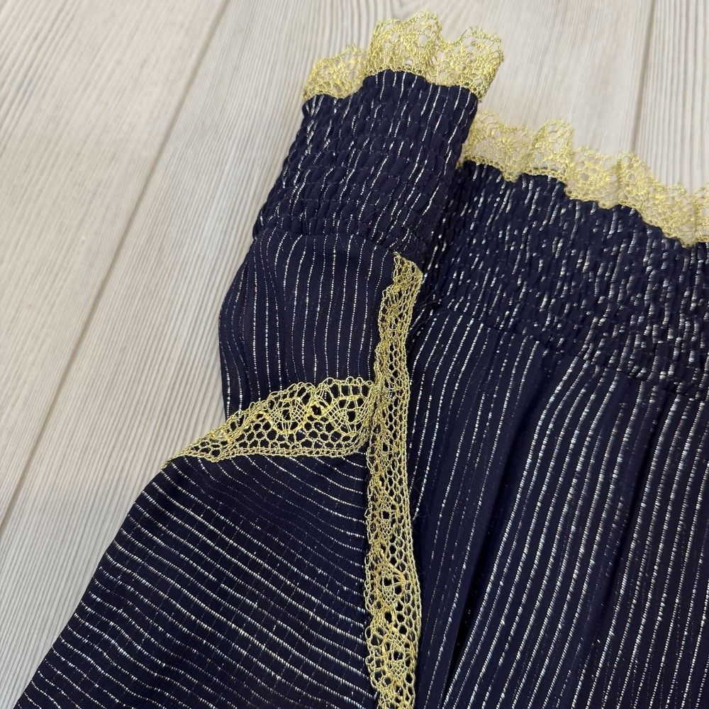 Koos Van Den Akker Couture 1980s Silk Blouse Shirt Sheer Pattern Navy Gold - Picture 12 of 14